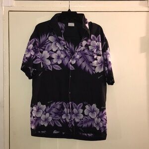 Vintage VTG large Made in Hawaii Hawaiian button Black and Purple Floral Shirt